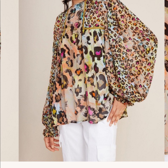 Anthropologie Bl^nk London Miranda Peasant Blouse Blank multi cheetah print S - Picture 3 of 9